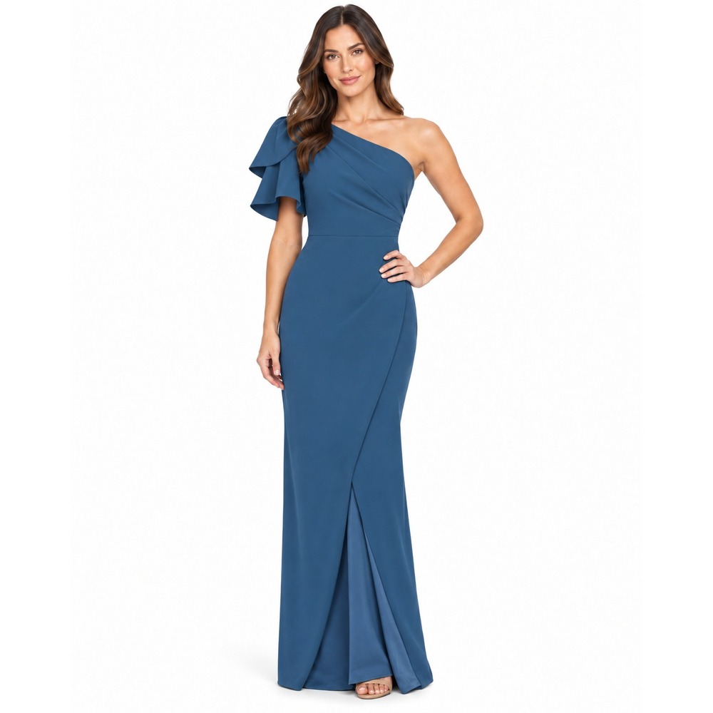 Kay Unger New York Slate Blue One Shoulder Draped Column Gown Size 4